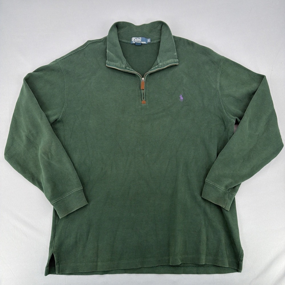 Vintage Polo Ralph Lauren Cotton Green 1/4 Zip Pullover Sweater Mens Large Tall